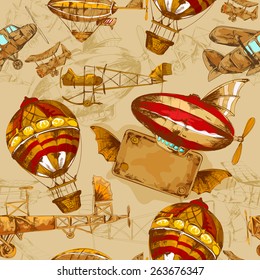 Aeronautic transport old style aviation machines seamless pattern hand drawn vector illustration