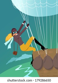 Aeronautic. Young blond woman in the aviator jacket and goggles climbing a hot air balloon basket, vintage inspired pin up vector illustration