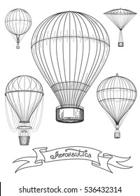 Aeronautica poster design vector illustration. Graphic poster with hot air balloons and ribbon Aeronautica