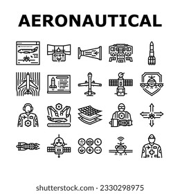 aeronautical engineer aircraft icons set vector. transportation aviation, plane mechanical, engine industry, mechanic turbine aeronautical engineer aircraft black contour illustrations