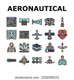 aeronautical engineer aircraft icons set vector. transportation aviation, plane mechanical, engine industry, mechanic turbine aeronautical engineer aircraft color line illustrations