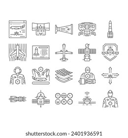 aeronautical engineer aircraft icons set vector. transportation aviation, plane mechanical, engine industry, mechanic turbine aeronautical engineer aircraft black contour illustrations