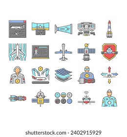 aeronautical engineer aircraft icons set vector. transportation aviation, plane mechanical, engine industry, mechanic turbine aeronautical engineer aircraft color line illustrations