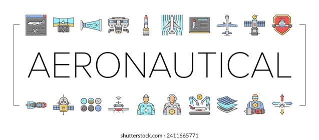 aeronautical engineer aircraft icons set vector. transportation aviation, plane mechanical, engine industry, mechanic turbine aeronautical engineer aircraft color line illustrations