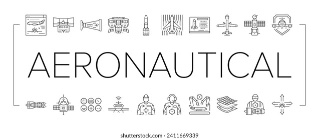 aeronautical engineer aircraft icons set vector. transportation aviation, plane mechanical, engine industry, mechanic turbine aeronautical engineer aircraft black line illustrations