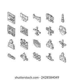 aeronautical engineer aircraft isometric icons set. transportation aviation, plane mechanical, engine industry, mechanic turbine aeronautical engineer aircraft color line