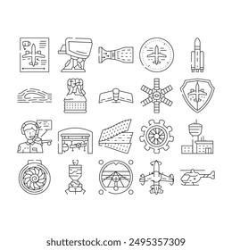 aeronautical engineer aviation icons set vector. airplane plane, aerospace jet, aeroplane airport, engine maintenance, control pilot aeronautical engineer aviation black contour illustrations