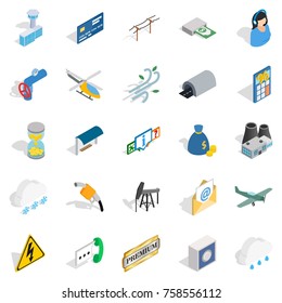 Aeronautical icons set. Isometric set of 25 aeronautical vector icons for web isolated on white background