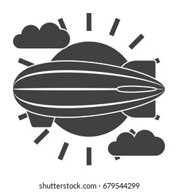 Aeronautics concept with airship, sun and clouds, vector silhouette