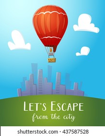 Aeronautics hot air balloon flying over cityline. Surrounded with some white clouds. Vector illustration for print and web design.