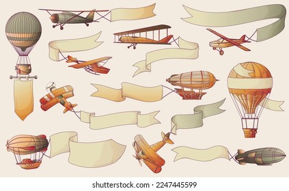 Aeronautics retro vintage aircraft transport banners set with isolated icons of airplanes airships carrying empty ribbons vector illustration