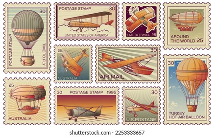 Aeronáutica retro vintage transporte de aeronaves sellos de correo electrónico conjuntos con etiquetas aisladas de correo con ilustración de texto y vectores de valor