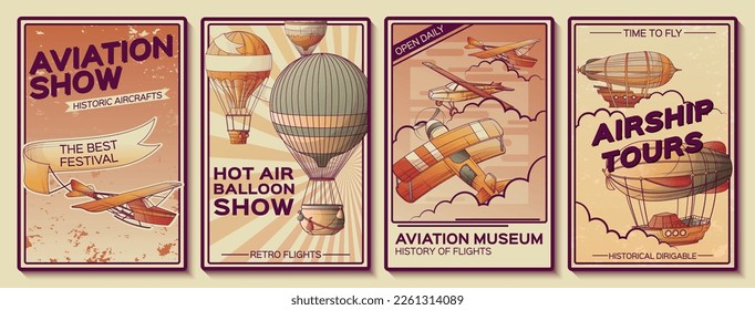 Aeronáutica retro vintage colección de afiches de transporte de aeronaves con composiciones verticales de globos aeroplanos aerotransportación e ilustración de vector de texto