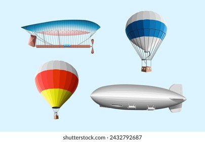 Aeronautics. Set of airships and hot air balloons from different times on a blue background