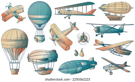 Aeronautics set of isolated retro and vintage style images of aircraft and flying transport air ships vector illustration