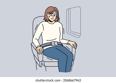 Aerophobia and being afraid of flights concept. Young stressed woman cartoon character sitting in plane near window feeling shock vector illustration 