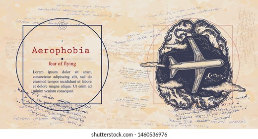 Aerophobia. Fear Of Flying Phobia. Human Brain And Airplane. Psychological Vector Illustration. Psychotherapy And Psychiatry. Medieval Medicine Manuscript 