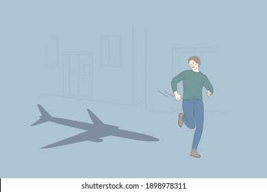 Aerophobia and psychological problem concept. Young scared man cartoon character running and seeing airplane craft shadow flying behind feeling afraid vector illustration