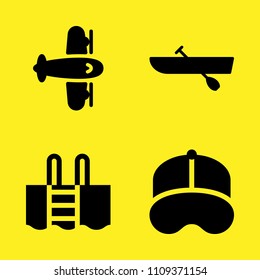 aeroplane, baseball cap, rowing and swimming pool vector icon set. Sample icons set for web and graphic design