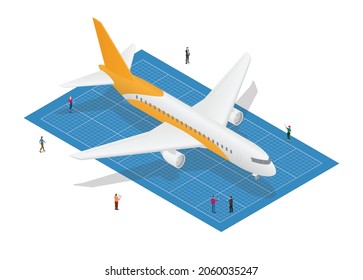 aeroplane blueprint concept with people analyze with modern isometric style