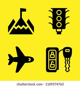 aeroplane, car key, mountain and traffic light vector icon set. Sample icons set for web and graphic design