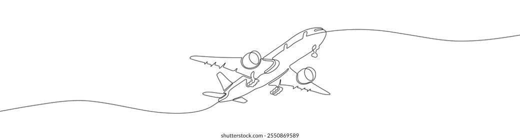 Ilustración vectorial de dibujo de línea continua de avión. Aviones de pasajeros o de carga. Viaje, transporte, vacaciones, símbolo de la aviación. Señal de avión. Vista inferior. Trazo editable