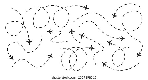 Ilustração de caminho tracejado avião conjunto preto isolado com rotas pontilhadas. Ícones de vetor em estilo plano