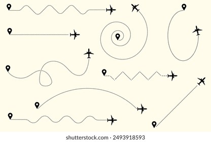 Aeroplane flight path from location to destination route silhouette vector illustration clipart graphic line travel airline map track aviation trip business fly start end point abstract background