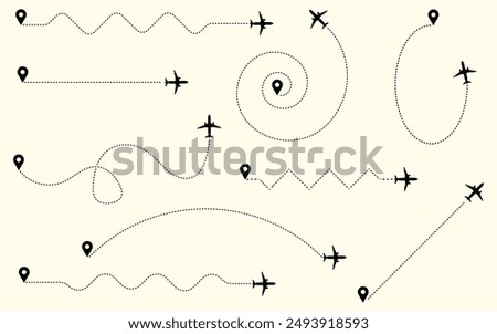 Aeroplane flight path from location to destination route silhouette vector illustration clipart graphic line travel airline map track aviation trip business fly start end point abstract background