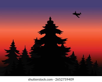 aeroplane fly over the sunset forest background nature design