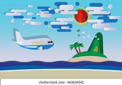 Aeroplane flying to the beach with island paper art style vector illustration