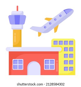 Aeroplane flying over building denoting flat icon of airport 

