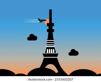 An aeroplane flying over the silhouette sunset time behind the Eiffel Tower