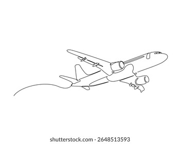 Aeroplane flying in single outline illustration. Continuous line art drawing of plane airbus.
