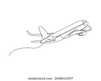 Aeroplane flying in single outline illustration. Continuous line art drawing of plane airbus.