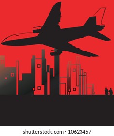aeroplane flying in sky above buildings	