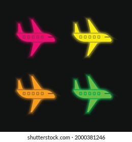 Aeroplane four color glowing neon vector icon