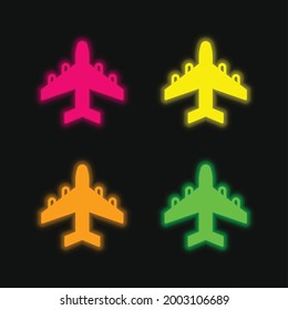 Aeroplane four color glowing neon vector icon