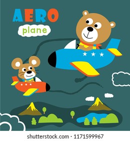 aeroplane and funny animals cartoon,vector illustration