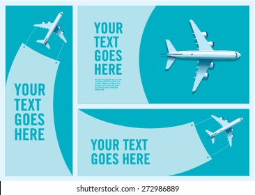 Aeroplane hanging banner, simple layout blue background.