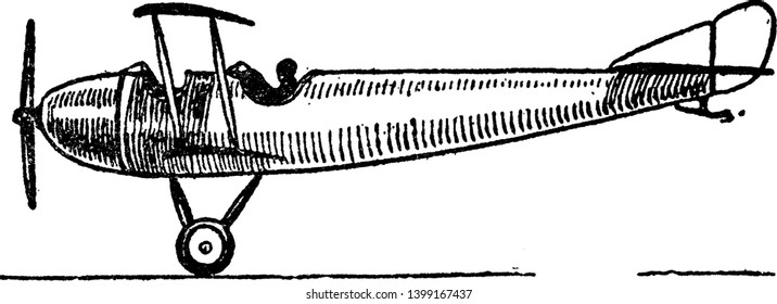 Aeroplane High Tail Normal Attitude Design of the propeller airplane or aeroplane in flight with a higher tail, vintage line drawing or engraving illustration.