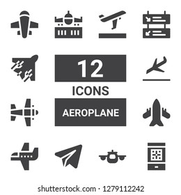 aeroplane icon set. Collection of 12 filled aeroplane icons included Boarding pass, Airplane, Telegram, Landing, Departures