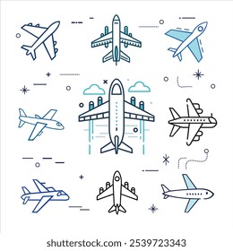 Aeroplane Icons Set. Aeroplane Silhouettes Vector Illustration Art Design. Plane icon collection. Airplane icon vector. Flight transport symbol. Travel concept.