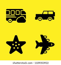 aeroplane, jeep, bus and starfish vector icon set. Sample icons set for web and graphic design