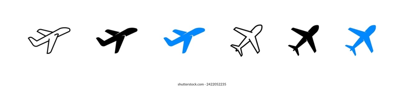 Aeroplane line, black and color icon set. Isolated aerodrome symbol. Plane taking-off silhouette vector illustration