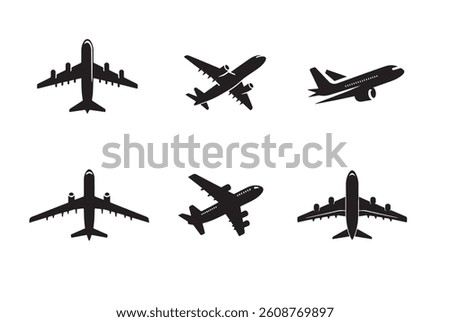 Aeroplane or plane silhouette bundle isolated on white background, logo icon clip art