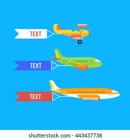 Aeroplane, planes and biplane. Set of colorful flat airplanes. Vector illustration.