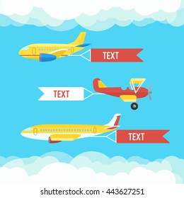 Aeroplane, planes, biplane. Set of colorful flat airplanes with cloud. Vector illustration