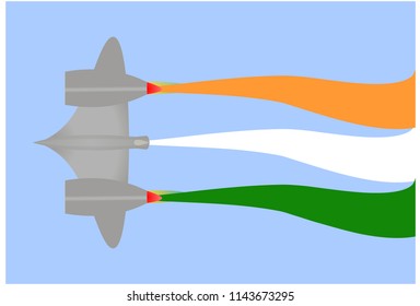 Aeroplane with Saffron White green tricolour tail cloud ribbon against blue sky wavy flag pattern vector illustration 