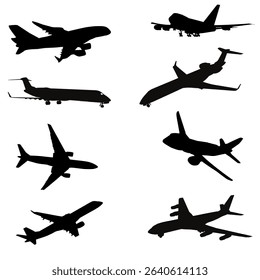 Aeroplane silhouette icon set featuring different aircraft types like commercial jets, military planes, and helicopters. Ideal for aviation graphics, travel designs, web icons, and educational use.

